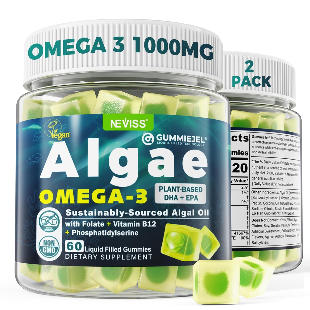 2 Συσκευασίες Algae Omega 3 Gummies 1000mg, Plant Based DHA 460mg & EPA 230mg, Omega 3 Fish Oil Εναλλακτική λύση για ενήλικες, Plus MethylFolate, Βιταμίνη B12, Phosphatidylserine, Χωρίς Fishy Γεύση, Vegan, Χωρίς ζάχαρη