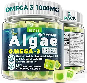 2 Pack Algae Omega 3 Gummies 1000 mg, Plant Based DHA 460mg & EPA 230 mg, Omega 3 Fish Oil Alternative for Yetişkinler, Plus MetilFolate, B12, Phosphatidylserine, No Fishy Taste, Vegan, Sugar Free