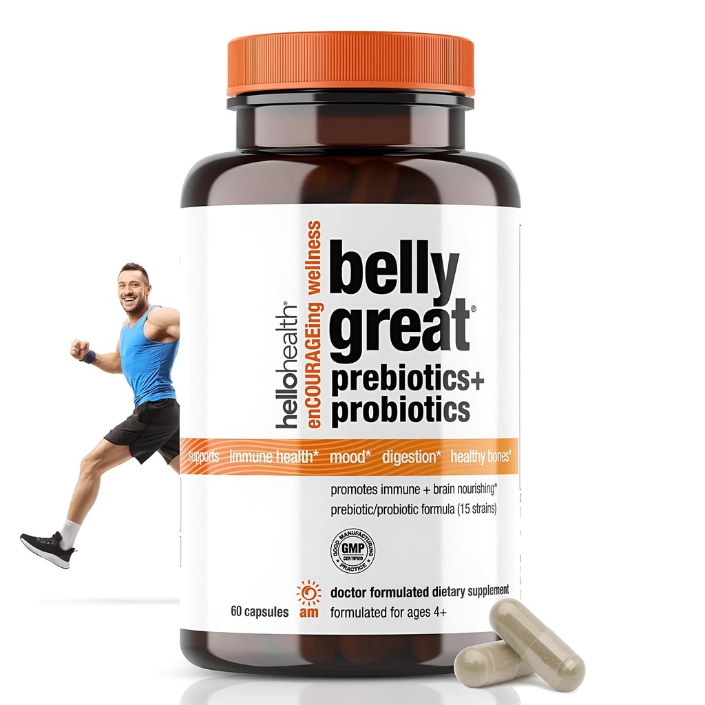 Kadınlar için Günlük Probiyotik, Erkekler + Çocuklar Probiyotik -Belly Great Prebiyotiks and Probiyotiks for Gut Health & Immune Support + Vitamin D3, Folate B Vitaminleri: 15 Strain, Gluten Free -60 Count
