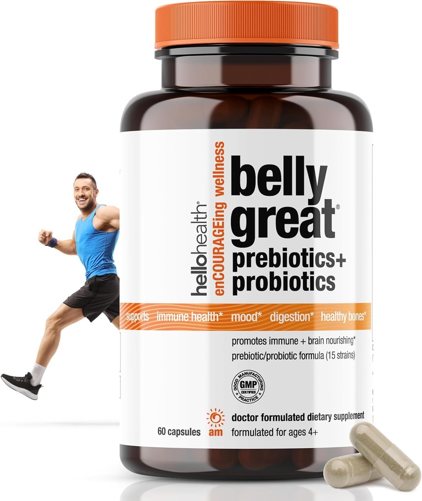Kadınlar için Günlük Probiyotik, Erkekler + Çocuklar Probiyotik -Belly Great Prebiyotiks and Probiyotiks for Gut Health & Immune Support + Vitamin D3, Folate B Vitaminleri: 15 Strain, Gluten Free -60 Count