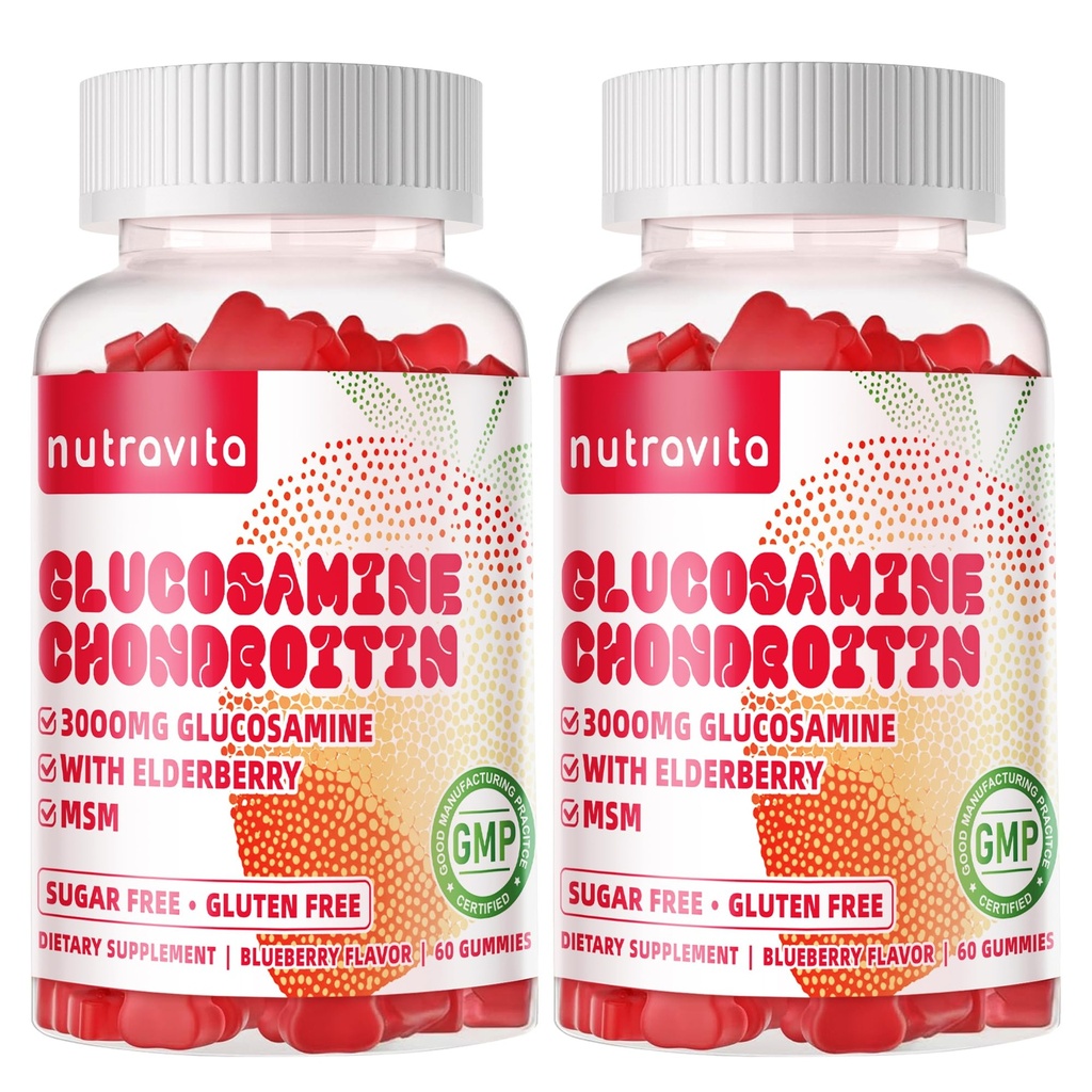 Nutravita Glucosamine Chondroitin Gummies with MSM & Elderberry Extra Strength - Joint Support, Antioxidant Immune Support Supplement for Adults, Men & Women.120 Strawberry Chews