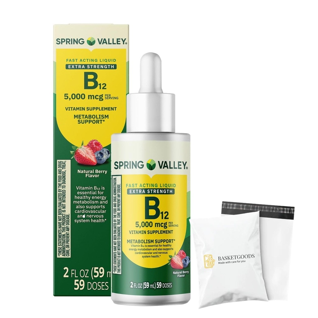 Liquid Vitamin B12, 5000mcg, Spring Valley Vitamin b12, Metabolism Supplement, Berry Flavor, 2 fl oz - Set by Basket Goods