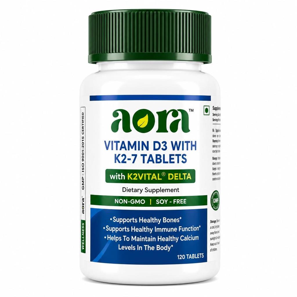Aora Vitamin D3 5000 IU + Vitamin K2 MK-7 120 mcg Tablets | D3 K2 Supplement for Bone Health & Calcium Absorption | Vitamin D3 with K2 for Daily Wellness & Immune Support | 120 Tablets