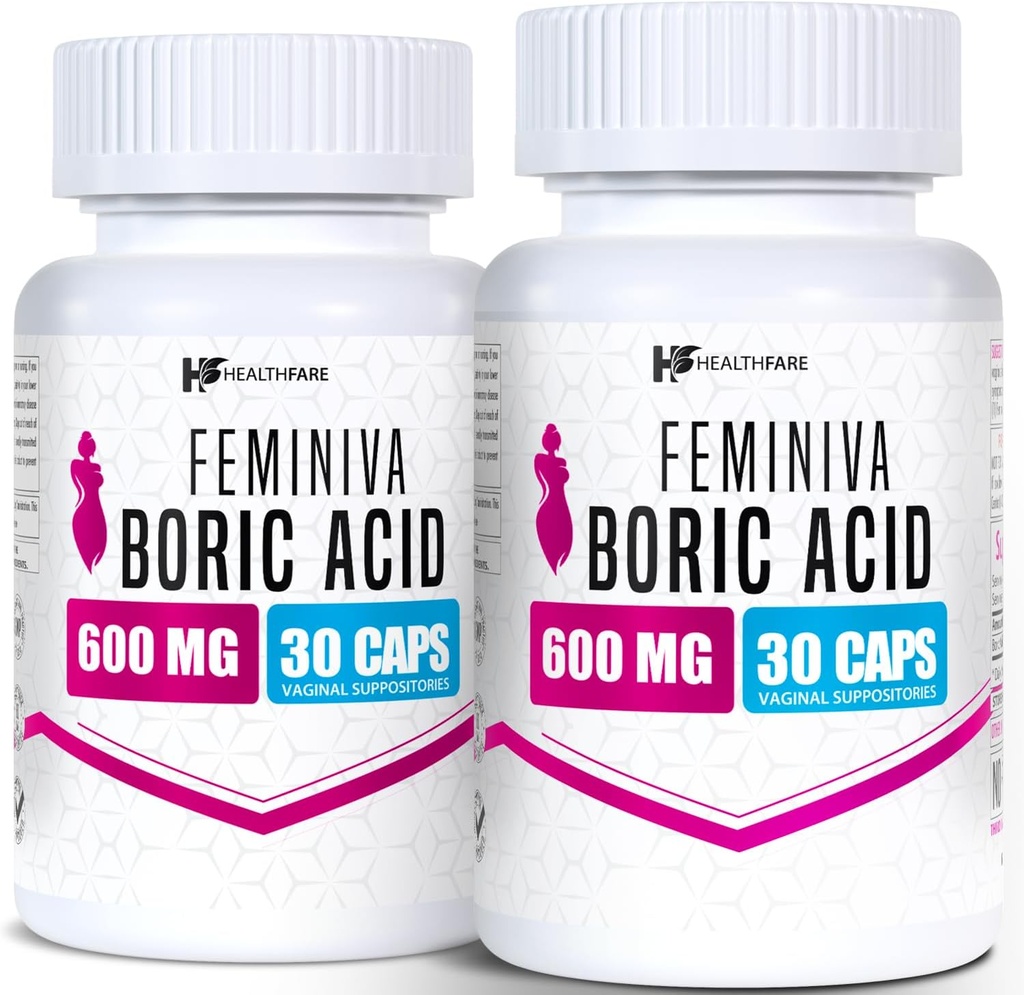 Healthfare Feminiva Boric Acid Suppositories | 2Pack | 30 Vaginal Suppositories Her | 600 mg | 100% Pure | ABD'de Yap