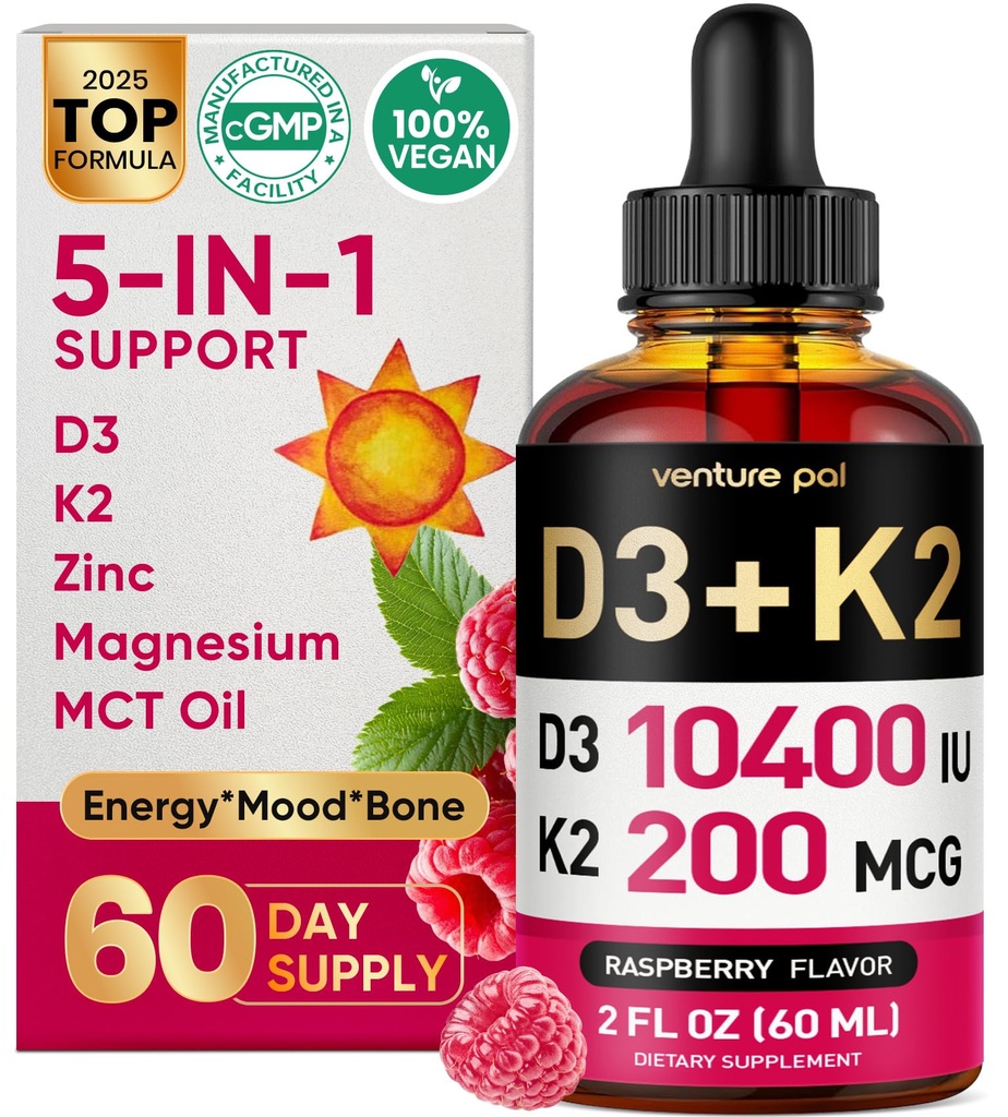 5-in-1 Vitamin D3 K2 Drops - Vitamin D3 10000 IU & K2(MK-7) 200mcg with Magnesium, MCT Oil, Zinc, Sugar Free Vitamin D Liquid Supplement|Maximum Absorption for Bone, Mood & Immune - 2 FL OZ, 60 Days