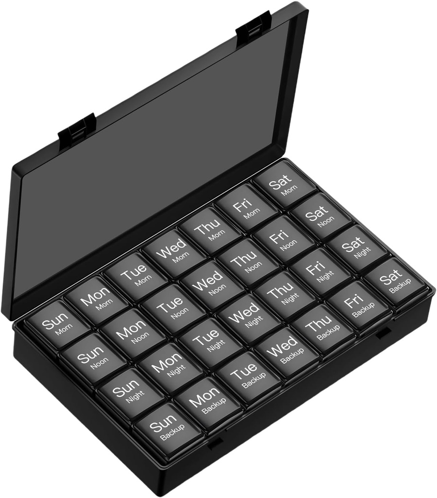 Büyük Haftalık Pill Organizer, 4 Times a Day, 7Day Moisture-Proof Pill Box with 28 partitions, Capable of Accommodating Büyük Vitamins, Supplements, Fish Oil, and Medicine (Black)