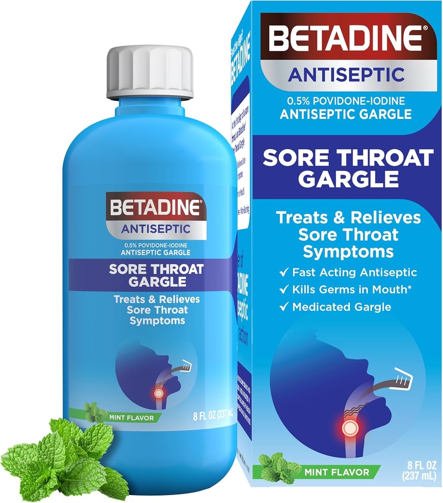 Betadine Antiseptic Medicated Gargle, Povidone-Iodine% 0,5, Tedavi ve Relieve Sore Throat Belirtileri, Temporly Germs Normal olarak Kasırda Bulunuyor, Mint Flavor, 8 FL OZ