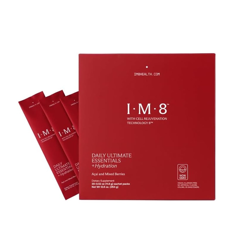 IM8 Daily Ultimate Essentials All-in-One Multivitamin Supplement, 92 Nutrient Rich Malzemeler CoQ10, Probiyotikler, Vitaminler, Yeşiller, Gluten Free, Vegan, Acai Karma Berry (30 Hizmetler, Seyahat Paketleri)