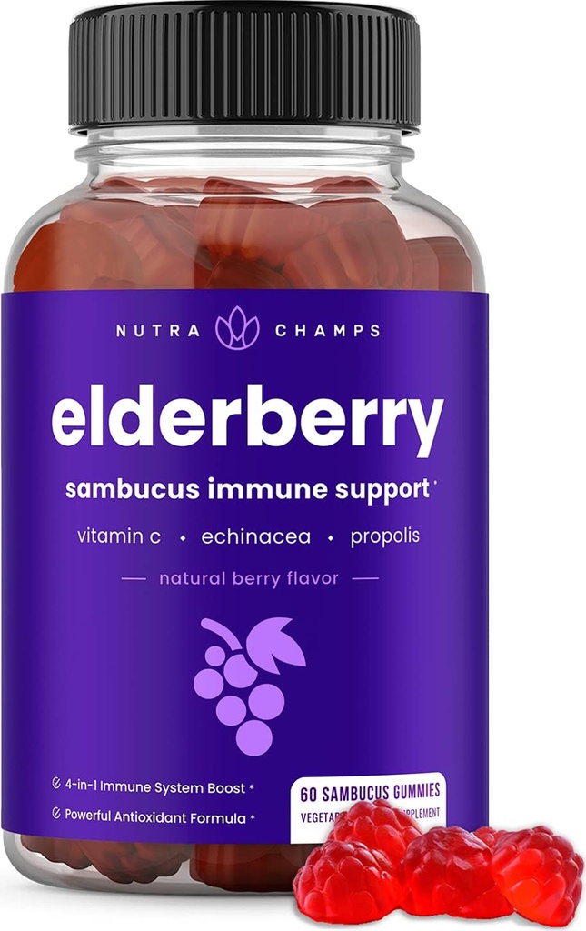 NutraChamps Elderberry Gummies with Vitamin C, Propolis & Echinacea - Immune System Support Gummy Vitamins for Yetişkinler & Çocuklar - Max Strength 200 mg Sambucus Antioksidan