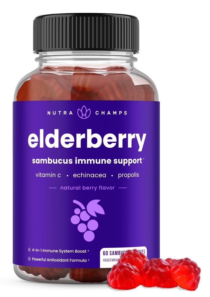NutraChamps Elderberry Gummies with Vitamin C, Propolis & Echinacea - Immune System Support Gummy Vitamins for Yetişkinler & Çocuklar - Max Strength 200 mg Sambucus Antioksidan