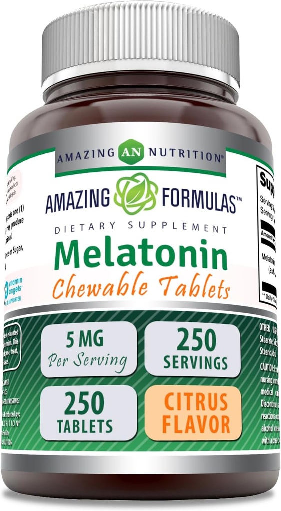 Amazing Formulas Melatonin Chewable Supplement | 5 Mg Per | 250 Tablet | Non-GMO | Gluten-Free | Made in USA (Citrus Flavor)