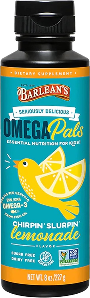 Barlean'ın Omega 3 Fish Oil Liquid Supplement for Kids, Chirpin' Slurpin' Lemonade, 540 mg of EPA and DHA Fatty Acid, 8 ozzz