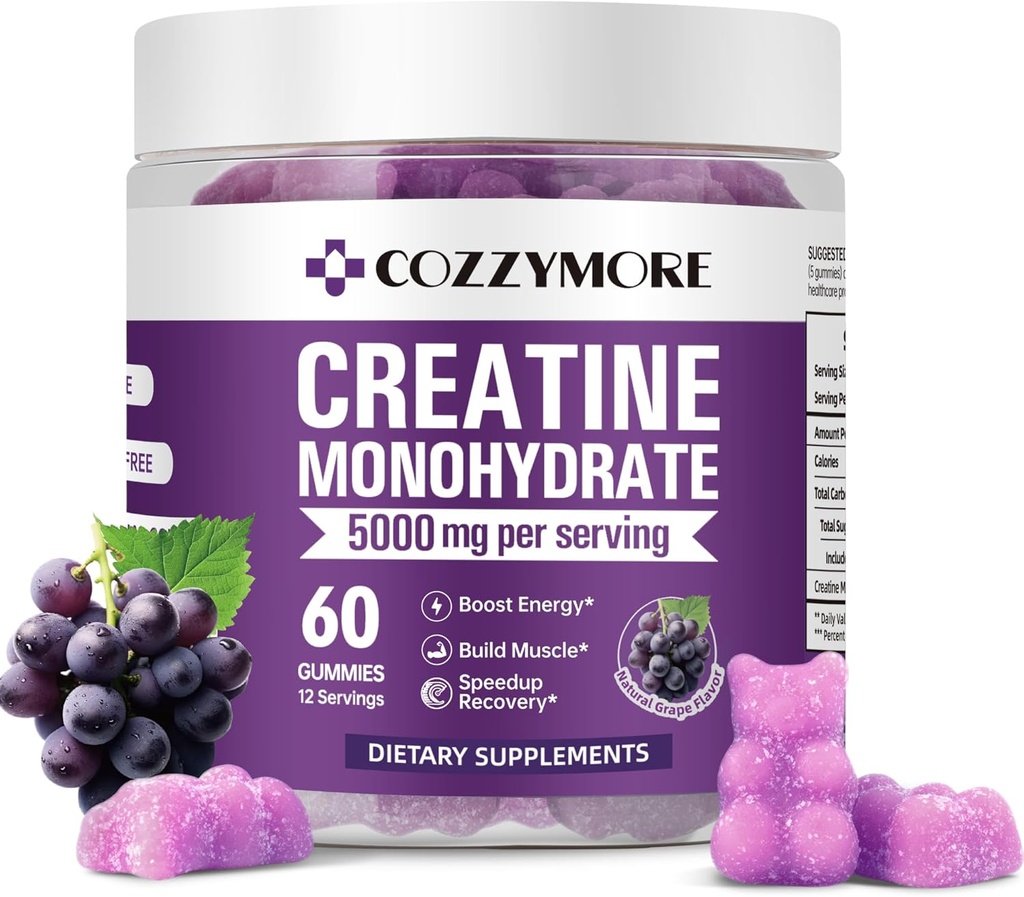 Cyhidrat Gummies 5000 mg for Men & Women, Gomitas detina Tinatine Monohidrat 5g, Kre Builder, Enerji Boost, Pre-Workout Supplement, 60 Kont, Grape