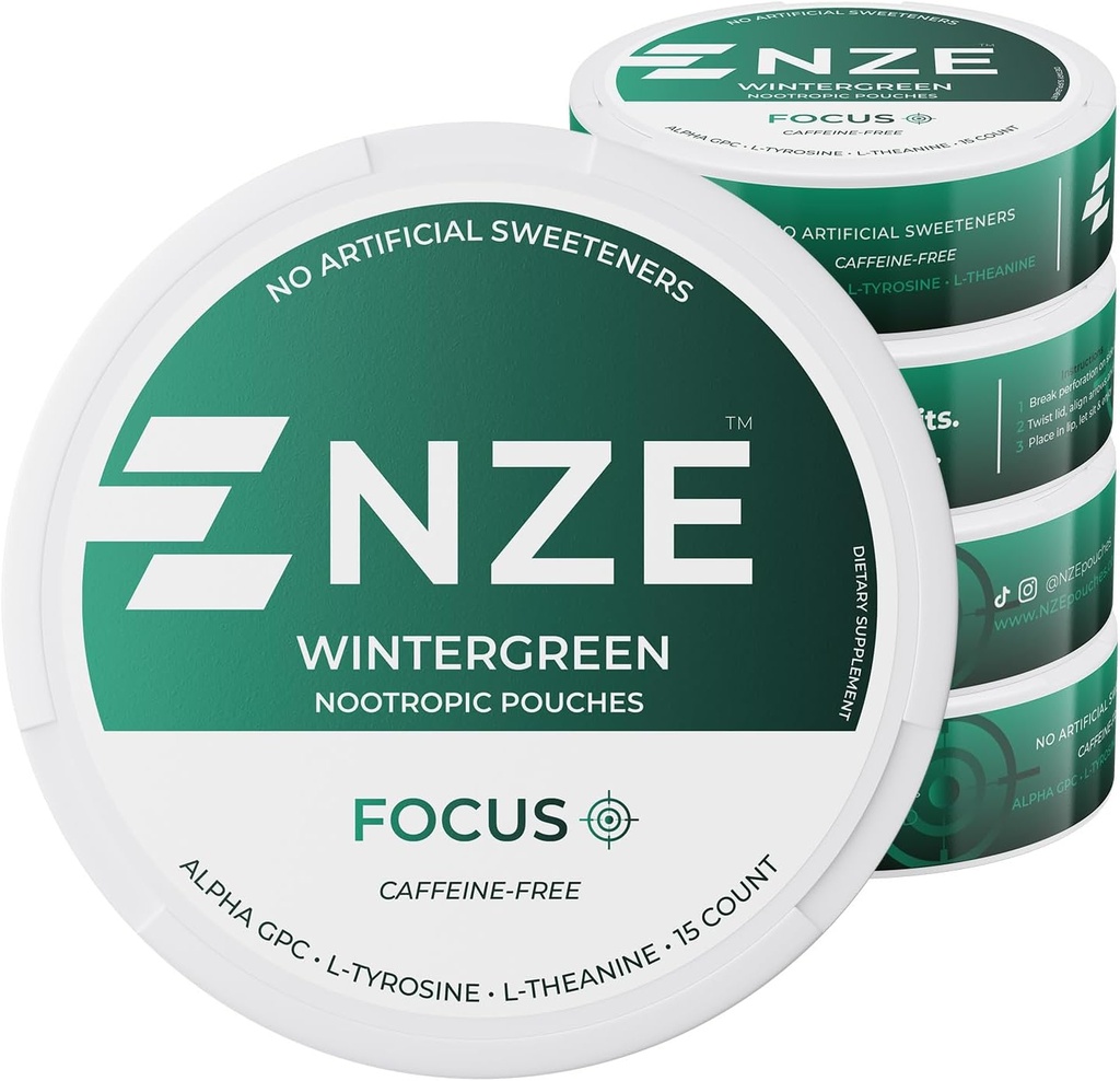 NZE Caffeine Free Nootropic Pouches (Wintergreen) - Alfa GPC, L-Tyrosine & L-Theanine - No Sugar or Yapay Sweeteners - 15 Pouches Per Can - 5 Pack