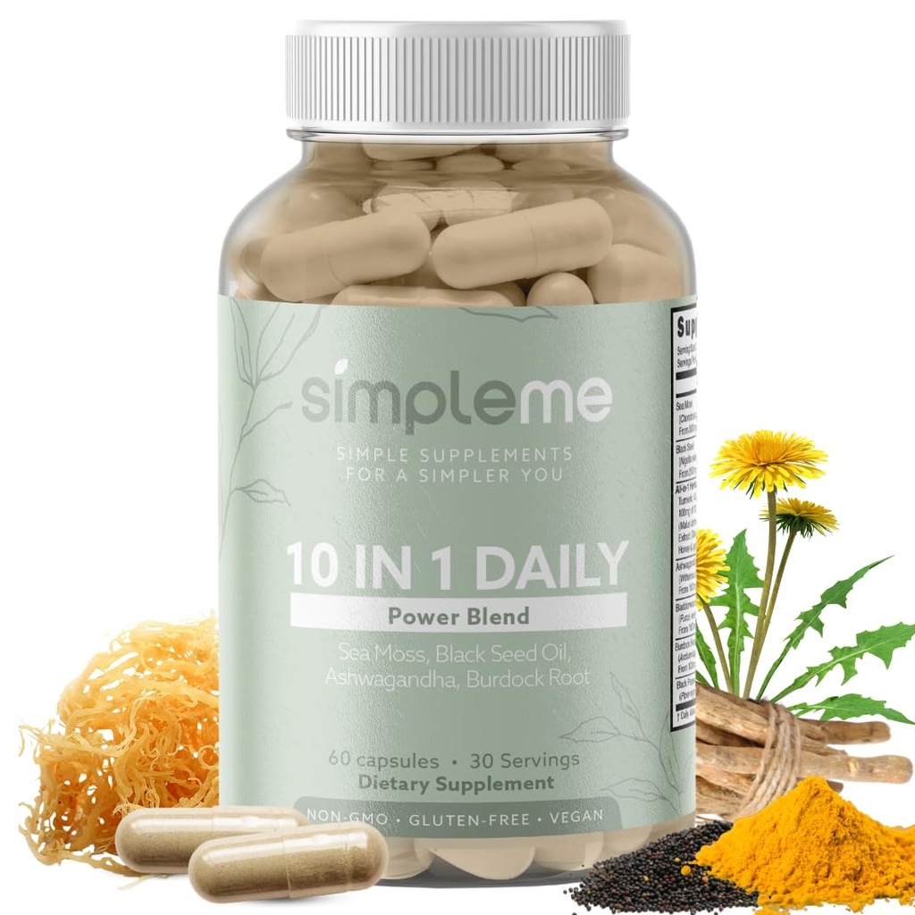 Burdock Root Organic and Bladderwrack 10 in 1 Immunity Booster Power Blend with Irish Sea Moss, Ashwagandha and Black Seed Supplement for Men and Women, Seamoss Pills Herbal, Vegan - 60 Capsules