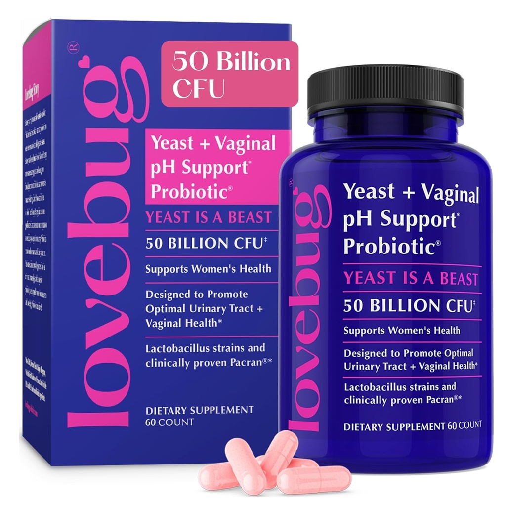 Lovebug Yeast ve Vaginal Probiyotiks for Women pH Balance & Urinary Tract, 50 Milyar CFU, UTI, BV, Odor Support with Lactobacillus, Bifidobacterium, Digestive & Vaginal Health Supplement 60 Capsules