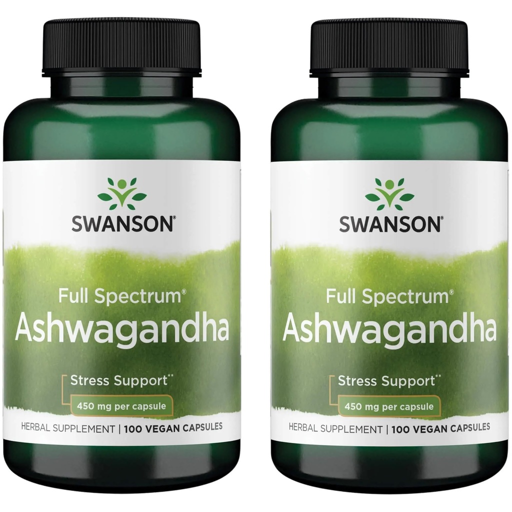 Swanson Ashwagandha Toz Supplement - Ashwagandha Root ile Stres Yardım ve Enerjiyi Teşvik Etmek - Doğal Wellness için Ayurvedic Supplement (100 Capsules, 450 mg Her) 2 Pack