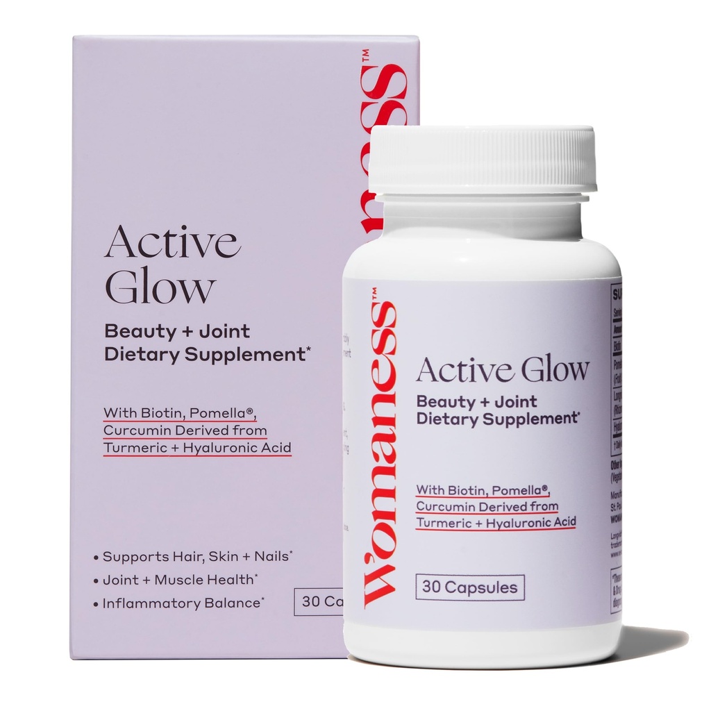 Womaness Active Glow Hair Skin and Nails Βιταμίνες - Βιοτίνη, Longvida Κουρκουμίνη & Υαλουρονικό Οξύ Συμπληρώματα για Κοινή Υγεία, Ξηρό Δέρμα & Λεπτά Μαλλιά (30 κάψουλες)