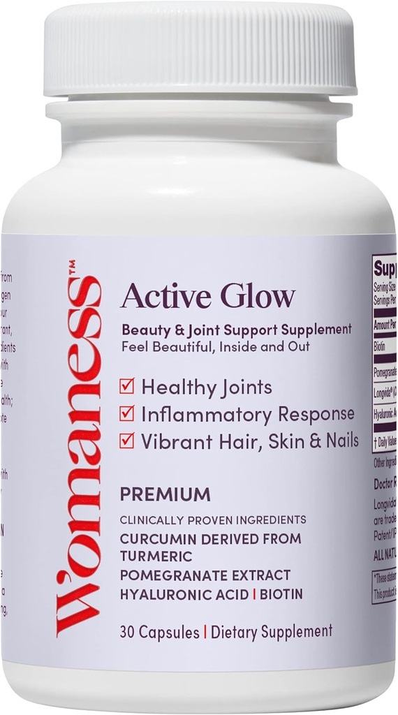 Womaness Active Glow Hair Skin and Nails Βιταμίνες - Βιοτίνη, Longvida Κουρκουμίνη & Υαλουρονικό Οξύ Συμπληρώματα για Κοινή Υγεία, Ξηρό Δέρμα & Λεπτά Μαλλιά (30 κάψουλες)