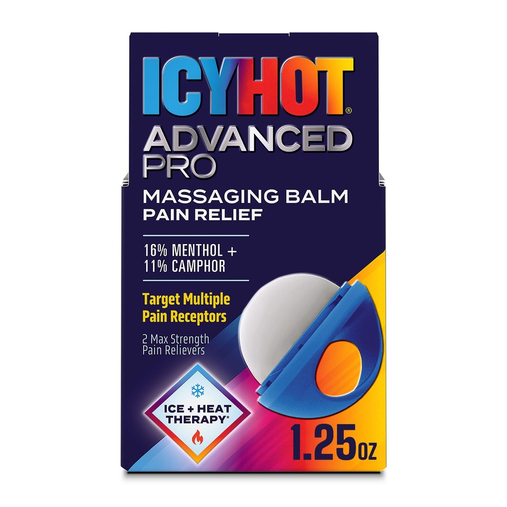 Icy Hot Advanced PRO Pain Relief Massaging Balm, Fast-Acting Max Strength Pain Relief With Menthol 16% and Camphor 11% for Backaches, Joints, Muscle Strains and Arthritis, Essential Oil Scent, 1.25 oz