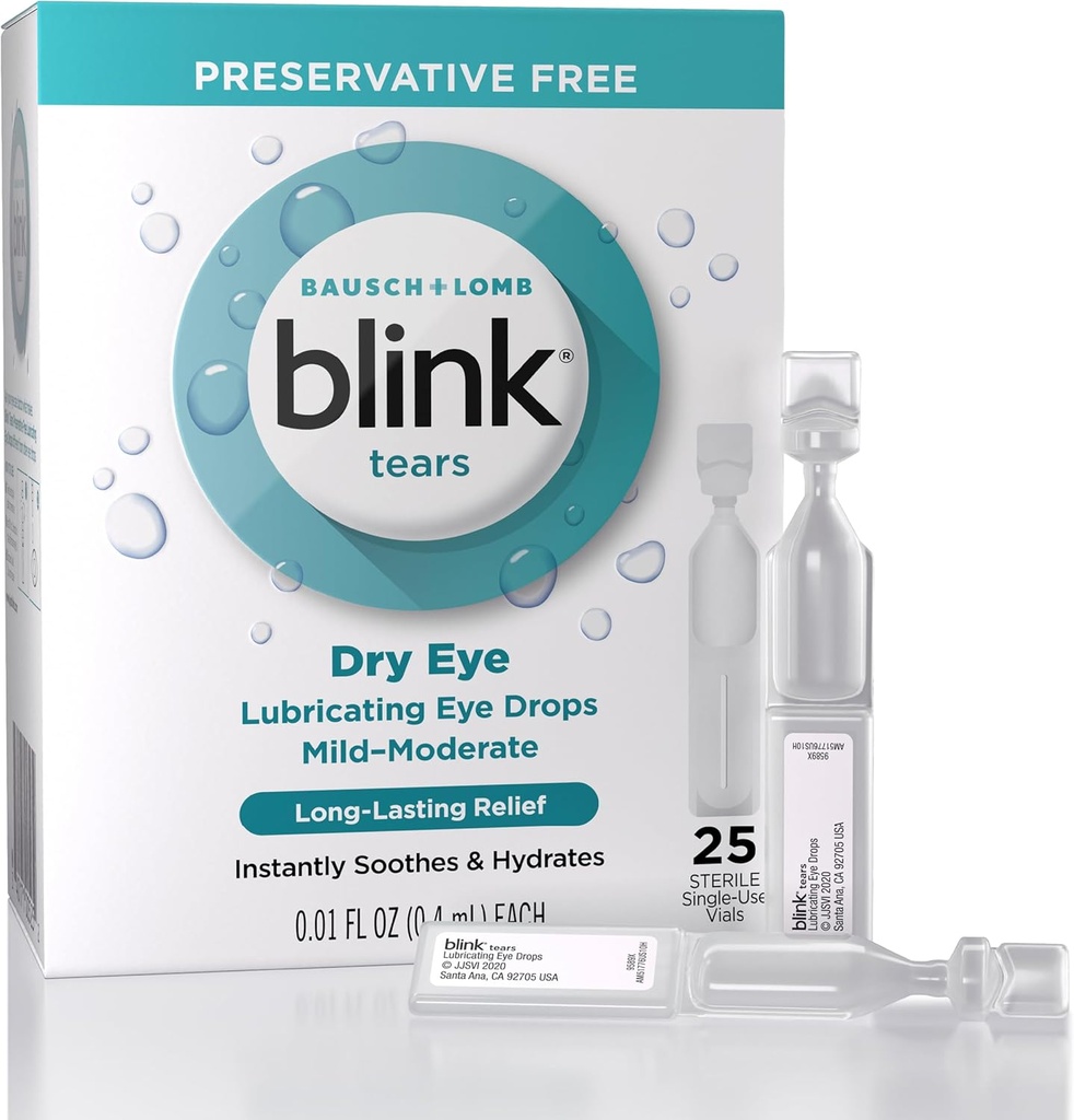 Blink Tears Laneing Eye Drops Preservative Free, Moisturing & Soothing for Mild to Moderate Kuru Eye, Hyaluronate, Reduces Discomfort, Long-Lasting Hydration, 0.01 Single-Use Vials, 25 Count