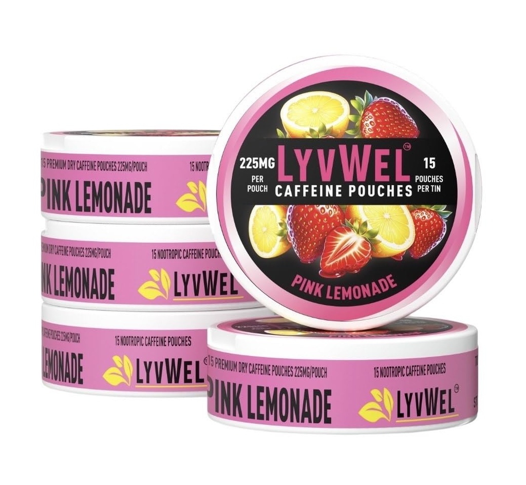 LyvWel 225mg Caffeine Pouches, Guarana-Powered Energy Pouches, Nootropic Pouches, Nicotine Free Pouches & Tobacco-Free (5 Pack, Pink Lemonade)