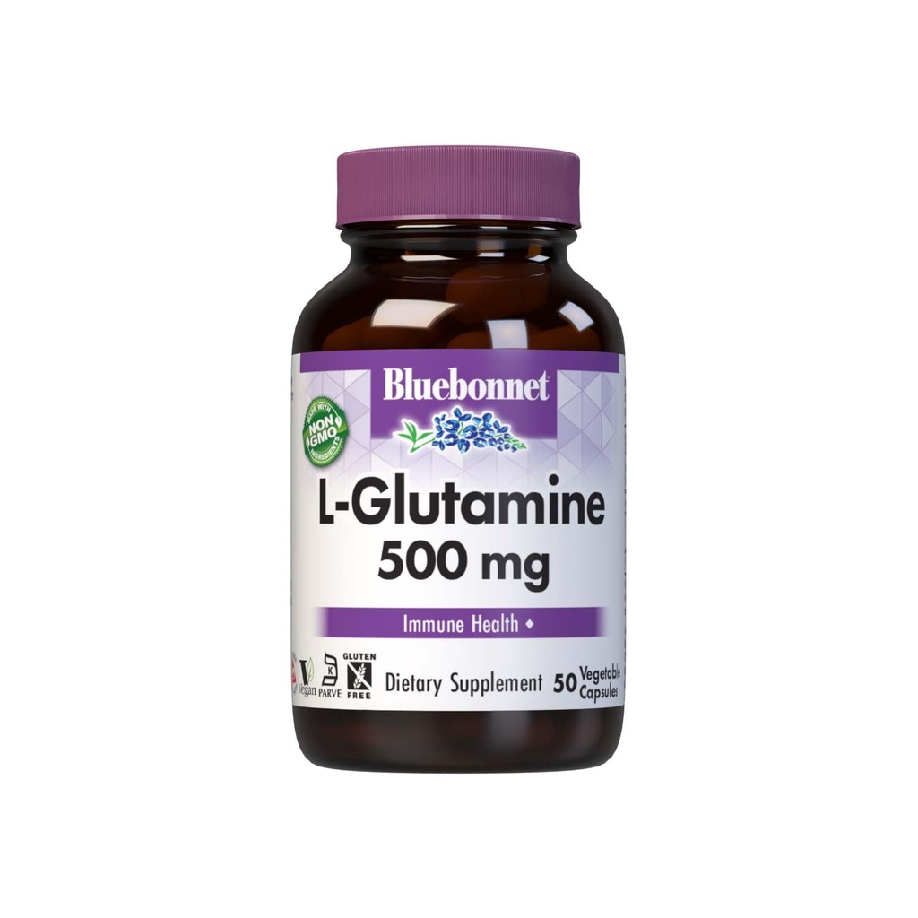 Bluebonnet Beslenme L-Glutamine 500 mg, Destekler Immune Nitrojen Transporter, Soy & Gluten-Free, Non-GMO, Kosher Sertifikalı, Vegan, 50 Sebze Kapsülleri, Beyaz, 50 Kont