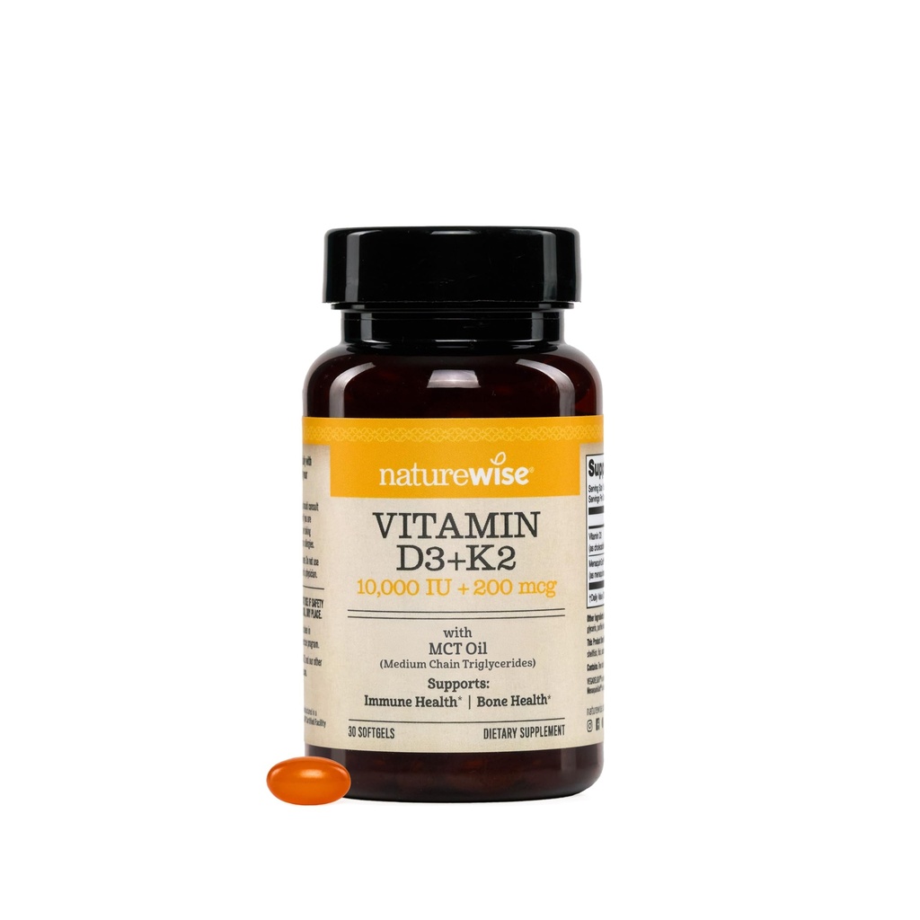 NatureWise Vegan Vitamin D3 + K2 in Organic Coconut MCT Oil - Natural D3 10000IU + Natural K2 200mcg - High Absorption Bone Support - Non-GMO - USA Manufactured - 30 Softgels[30-Day Supply]
