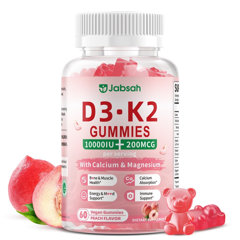 Vitamin D3 K2 Gummies 10000 IU with Calcium,Magnesium & K2 (MK-7), Extra Strength - K2 D3 Vitamin Supplement for Bone, Muscle, Teeth, Immune Support, Peach Flavor, Vegan, Sugar Free, 60 Count