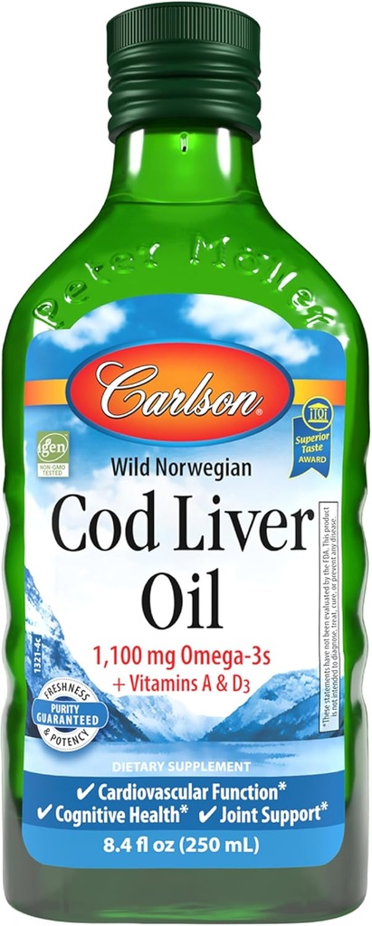 Carlson - Cod Liver Oil 1100 mg Omega-3s Plus Vitaminleri A & D3 - Vahşi Caught EPA DHA Omega 3 Supplement - Norveç Arctic, Sustainable Sourced Nordic Fish Oil Liquid, Unflavored, 250 mL (8.4 Fl Oz)
