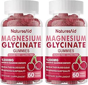 Μαγνήσιο Γλυκινικό Gummies 1000mg - Συμπλήρωμα μαγνησίου χωρίς ζάχαρη με βιταμίνη D, B6, CoQ10 για υποστήριξη ηρεμίας & ύπνου - 120 Cherry Gummies -2 Pack.