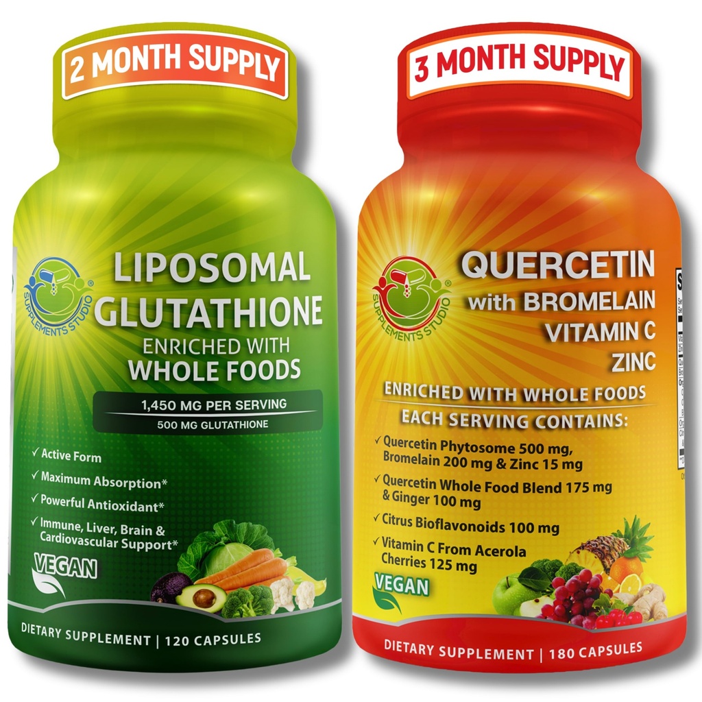 Λιποσωμική Γλουταθειόνη 500mg & Quercetin με Bromelain, Ψευδάργυρο, και Βιταμίνη C – Αντιοξειδωτική & Ανοσολογική Υποστήριξη Δέσμη με Βιολογικές Ολόκληρες Μείξεις Τροφίμων – Vegan, Μη ΓΤΟ Αναπνευστική Φόρμουλα Υγείας