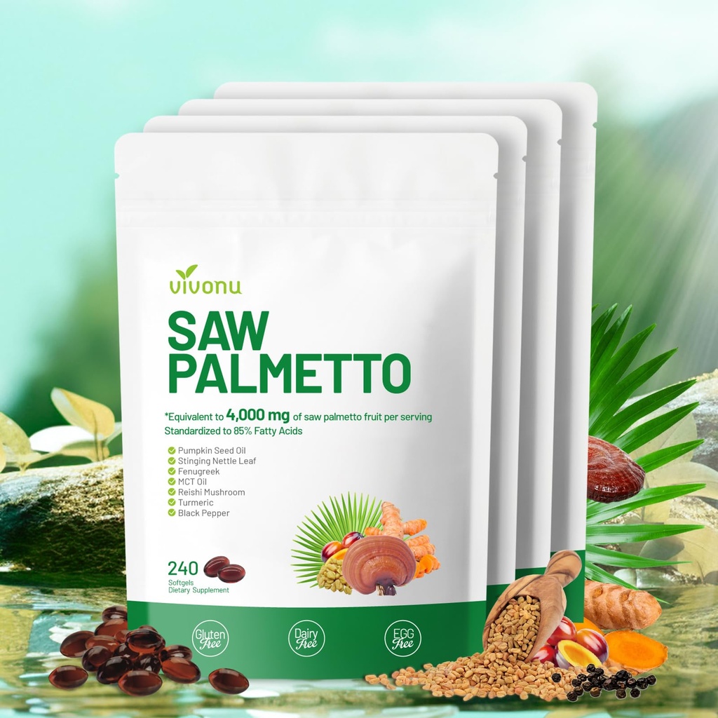VivoNu Saw Palmetto Capsules Extract 8 in 1, Pumpkin Seed Oil - Supports Prostate Health, Relieves Urination Issues, Supports Hair Growth, DHT Blocker 240 Softgels
