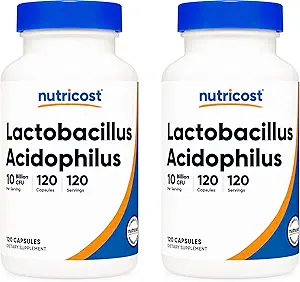 Nutricost Lactobacillus Acidofilius 10 Milyar CFU, 120 Veggie Capsules - Probiyotik (2 Şişe)