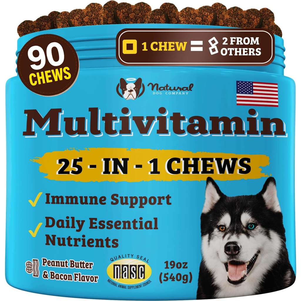 Natural Dog Company 25-in-1 Multivitamin for Dogs – Vet-Formulated Soft Chews for Puppies, Adults & Seniors, Supports Joints, Skin, Coat, Immune & Heart Health, NASC Certified, 90 Count