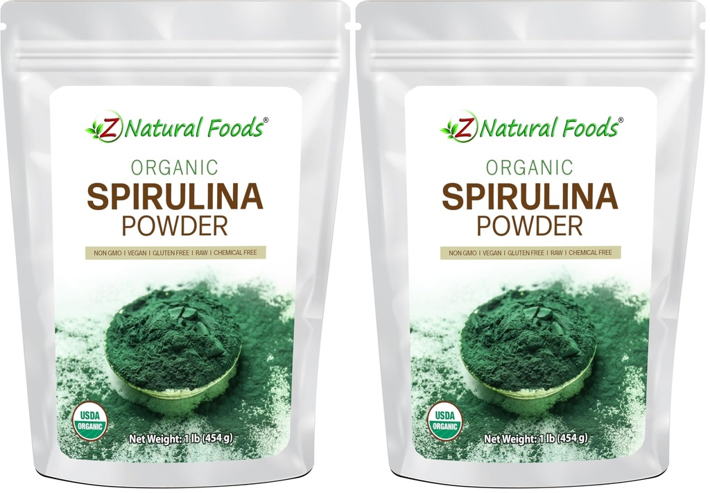 Z Natural Foods Organic Spirulina Powder - 100% Pure Spirulina, Nutrient-Dense Blue-Green Algae Superfood with Amino Acids, 15x Beta-Carotene - Mix in Smoothies, Yogurt, Recipes, 1 lb (Pack of 2)