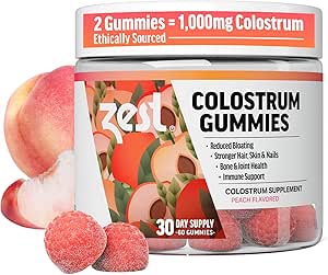 Zest Colostrum Tamam Gummy Chews for Yetişkinler - Etik olarak Saç Sağlığı için Yüksek IgG Kaynağı, Gut, Immunity, Bloating, Skin & Nails - Keto & Gluten Free - Peach Flavor (60 Gummies, 1000 mg Colostrum)