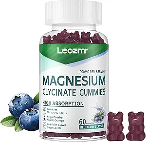 Magnezyum Glycinate Gummies 1000 mg - Sugar Free Magnezyum Pids Supplement with Vitamin D, B6, CoQ10 For Calm Mood & Sleep Support - 60 Blueberry Gummies