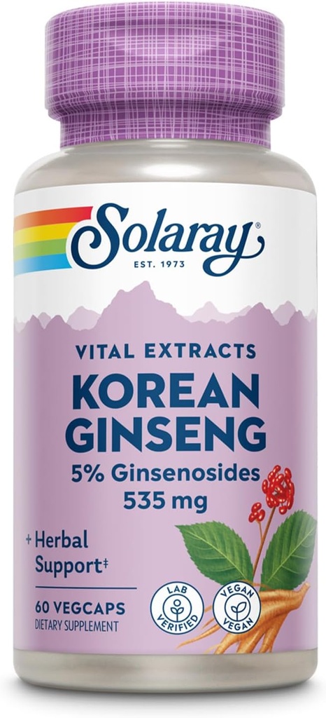SOLARAY Kore Lenfo Kökleri - Occasional Stres, Enerji ve Fiziksel Endurance -% 5 Ginsenosides - Vegan, Lab Onaylandı - 60 Hizmet, 60 VegCaps