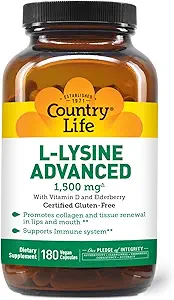 Country Life L-Lysine 1500mg Κάψουλες με βιταμίνη D & Elderberry – Προηγμένη Ανοσολογική Υποστήριξη και Ανανέωση Κολλαγόνου – Πιστοποιημένη Χωρίς Γλουτένη & Vegan – 180 Κάψουλες