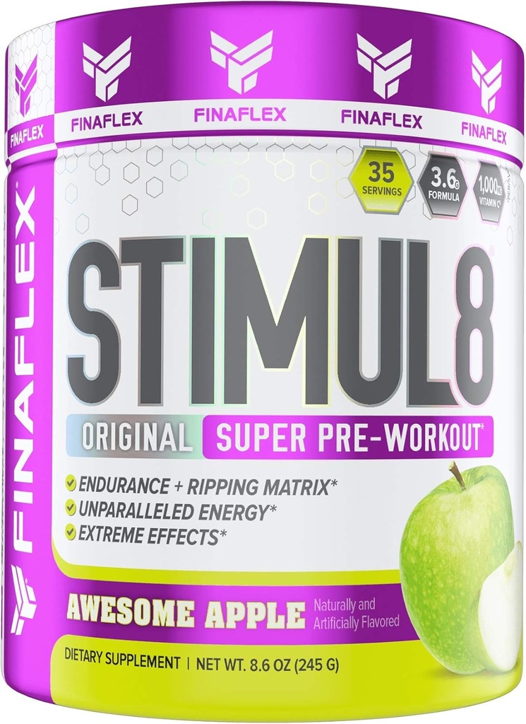 FINAFLEX STIMUL8 Original Super Pre-Workout, Great Apple - Energy, Strength & Endurance for Men & Women - Caffeine, Beta-Alanine & Vitamin C - 35 Servisler