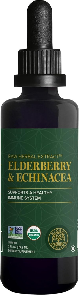Global Healing USDA Organic Elderberry & Echinacea Liquid Supplement Tincture | Antioksi Immune Support Against Harmful Organisms for Yetişkinler and Kids, Vegan, Non-GMO, 1-Month Supply (2 Oz)