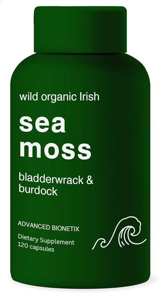 Organik İrlandalı Deniz Moss Capsules, Raw Wildcrafted Seamoss w/Bladderwrack & Burdock Root Capsules 120 Total Pills Antioksi Packed. Prebiyotik Superfood, Tiroid Desteği