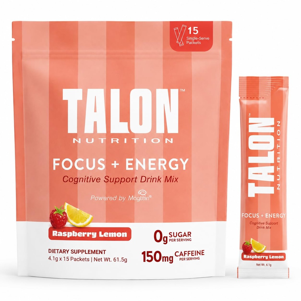 Talon Focus and Energy Drink Mix – Magtein Magnesium L-Threonate, Alpha GPC, Rhodiola & L Theanine - Brain Supplements for Memory and Focus with Caffeine - 15 Single Serve Packets (Raspberry Lemon)