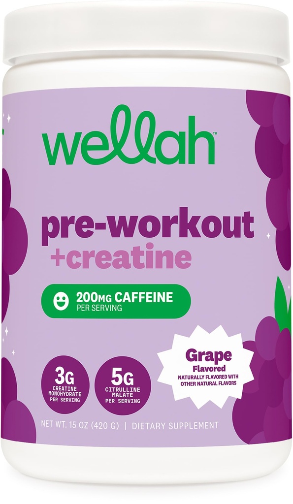 Wellah Pre-Workout + Creatine Powder (30 Servings) Grape - 200mg Caffeine, 3g Creatine Monohydrate, 5g Citrulline Malate, Pre-Workout with Creatine Supplement