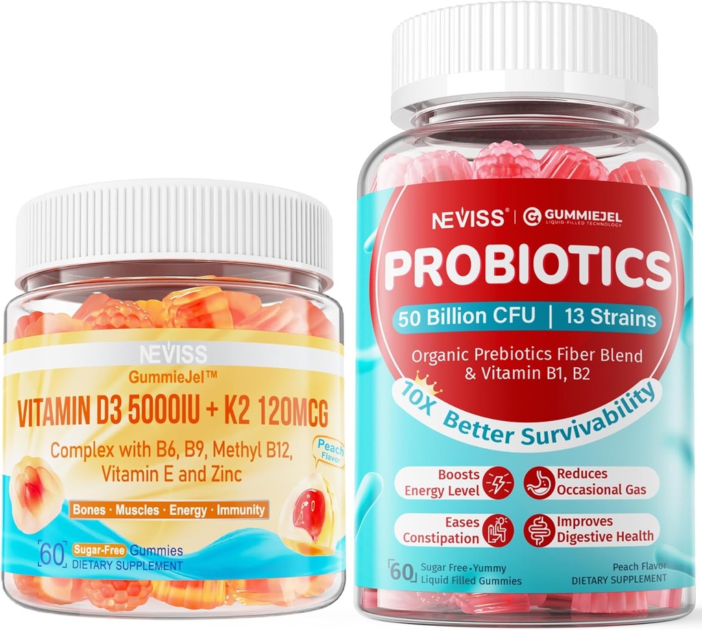 NEVISS Vitamin D3 K2 Gummies +Sugar Free Probiyotiks Gummies