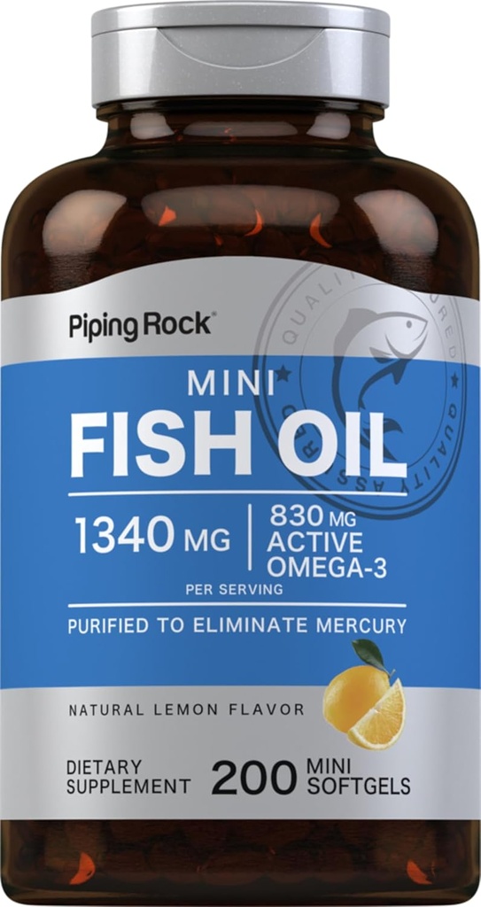 Piping Rock Mini Fish Oil 1340 mg | 200 Softgels | Omega-3 Supplement for Men & Women | Lemon Flavor | Non-GMO ve Gluten Free