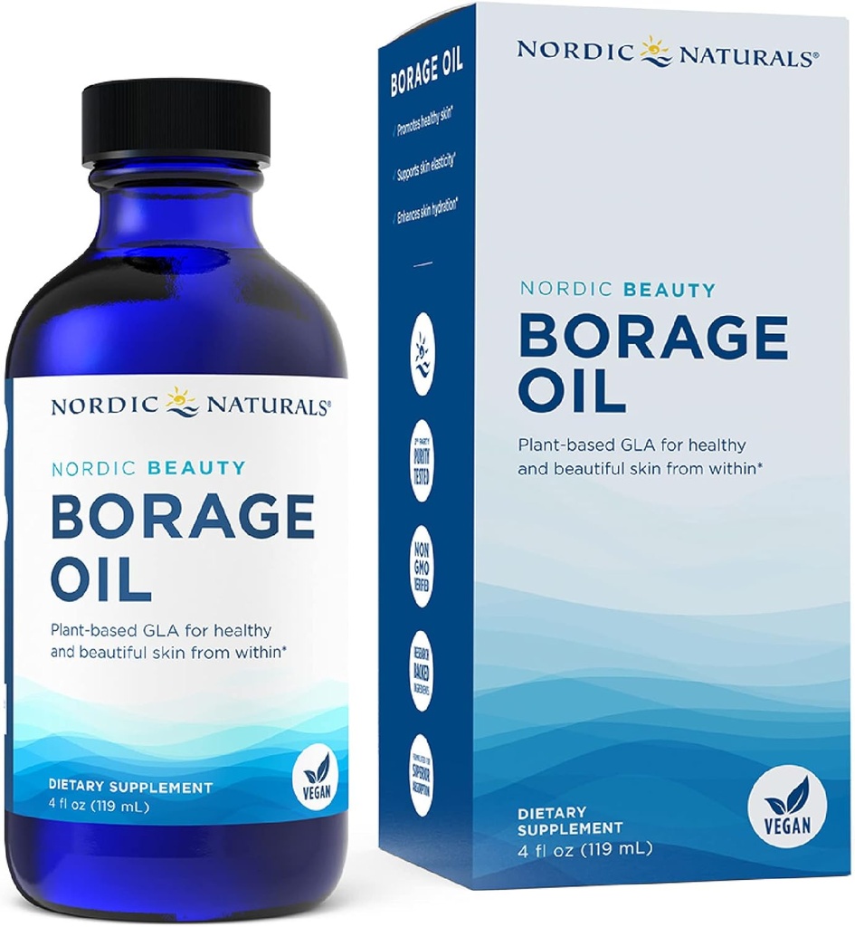Nordic Naturals Nordic Beauty Borage Oil, Unflavored - 4 Ουγγιά - Βοραζέλαιο, Μοναδικό Ωμέγα-6 για Υγιές και Ενυδατωμένο Δέρμα, 480 μιλιγκράμ GLA - Μη ΓΤΟ - Vegan, 48 Υπηρεσίες