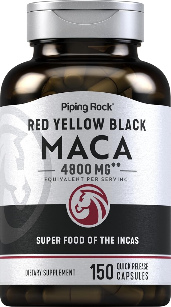 Piping Rock Maca Root Capsules | 4800 mg | 150 Toz Pills | Kadınlar ve Erkekler için | Red, Sarı ve Siyah | Gluten Ücretsiz Supplement