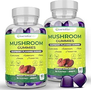 Mushroom Gummies Lions Mane Supplement Mushroom Supplement with Lions Mane, Türkiye Tail, Cordyceps, Reishi, Chaga Extract | Brain Health and Immune Support Gummies, 120 Count Count Count